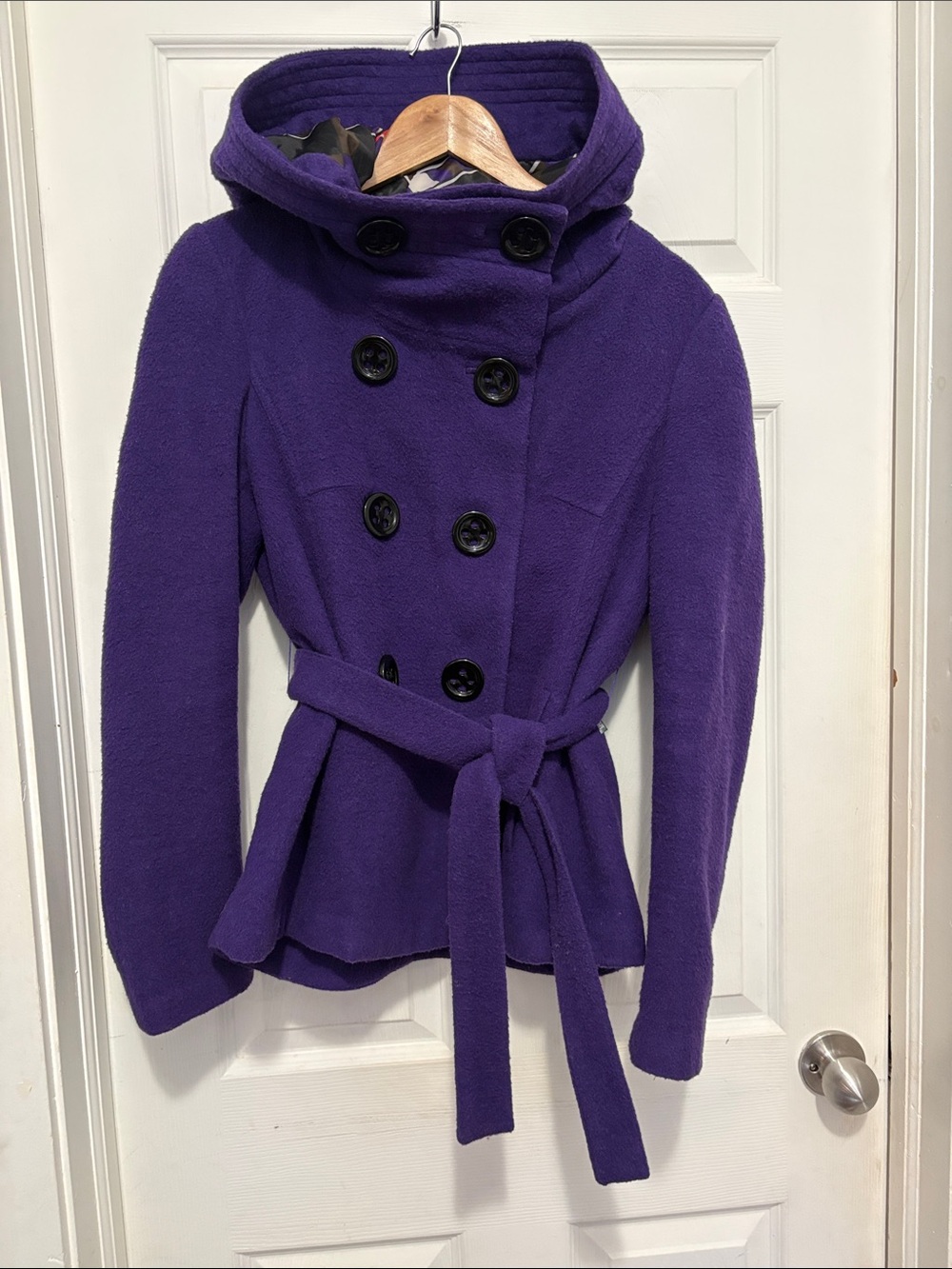 Vintage DEPT Purple Double-Breasted Belted Hooded Coat